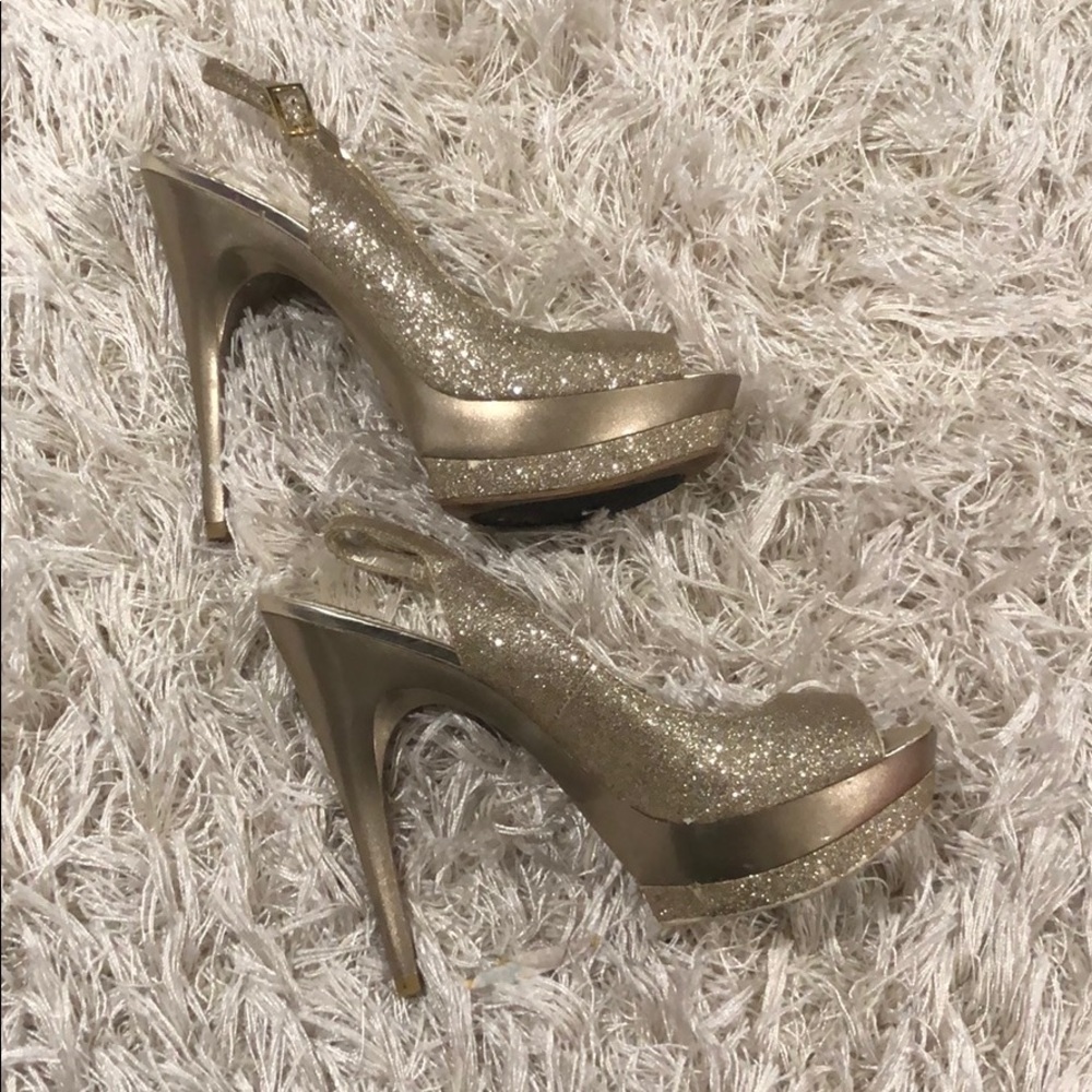 Gold glitter peep toe heels